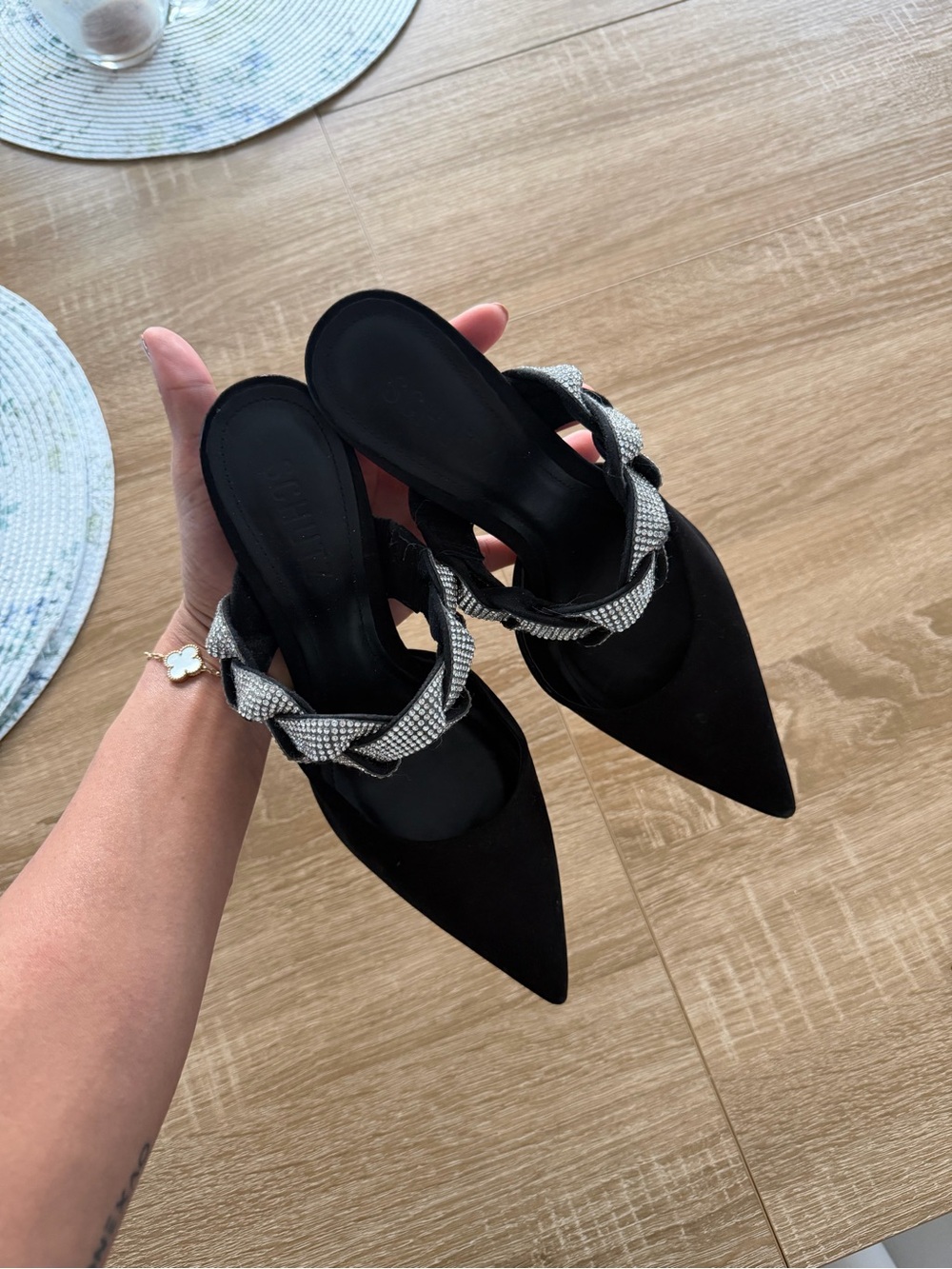 SCHUTZ Black Pointed Slingback Heels with Silver Braided Straps - Picture 2 of 5